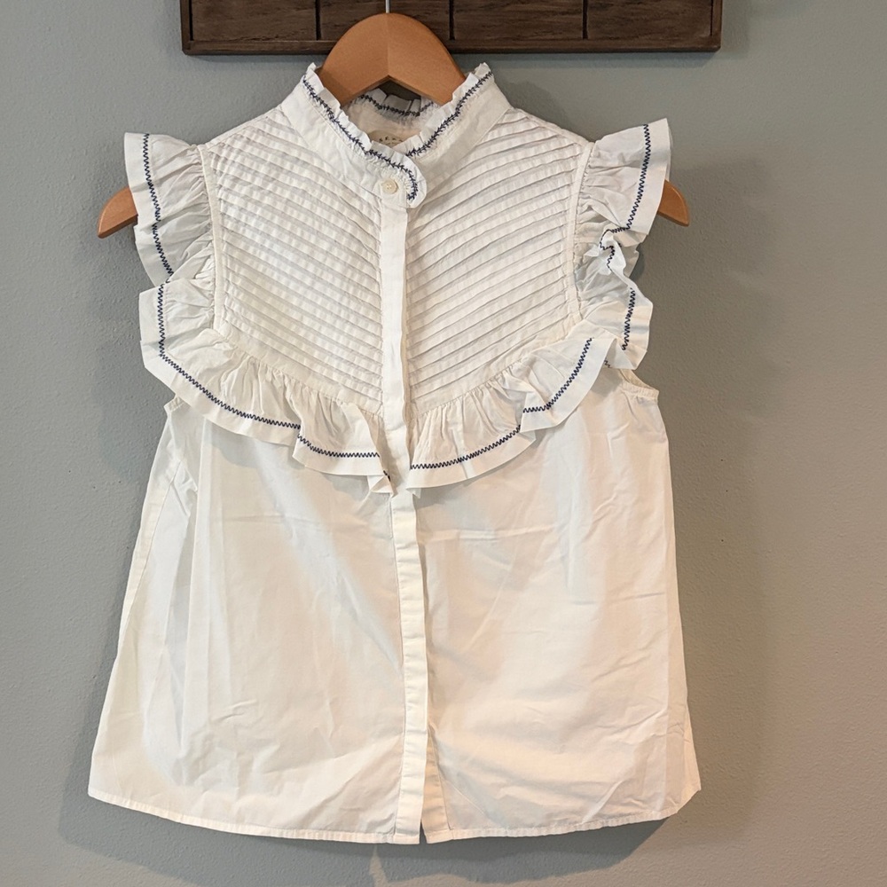 Sezane Ademia White Ruffled embroidered Pintuck Sleeveless Blouse size 4  small - Picture 3 of 8
